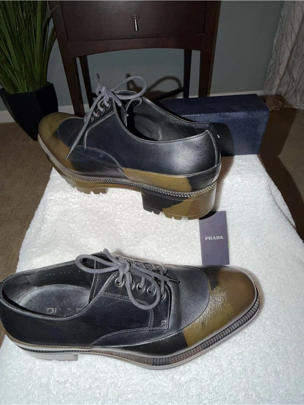 Prada Black & Camouflage Rubber Cap-Toe Lug Sole Leather Shoes Size 8 / US 9